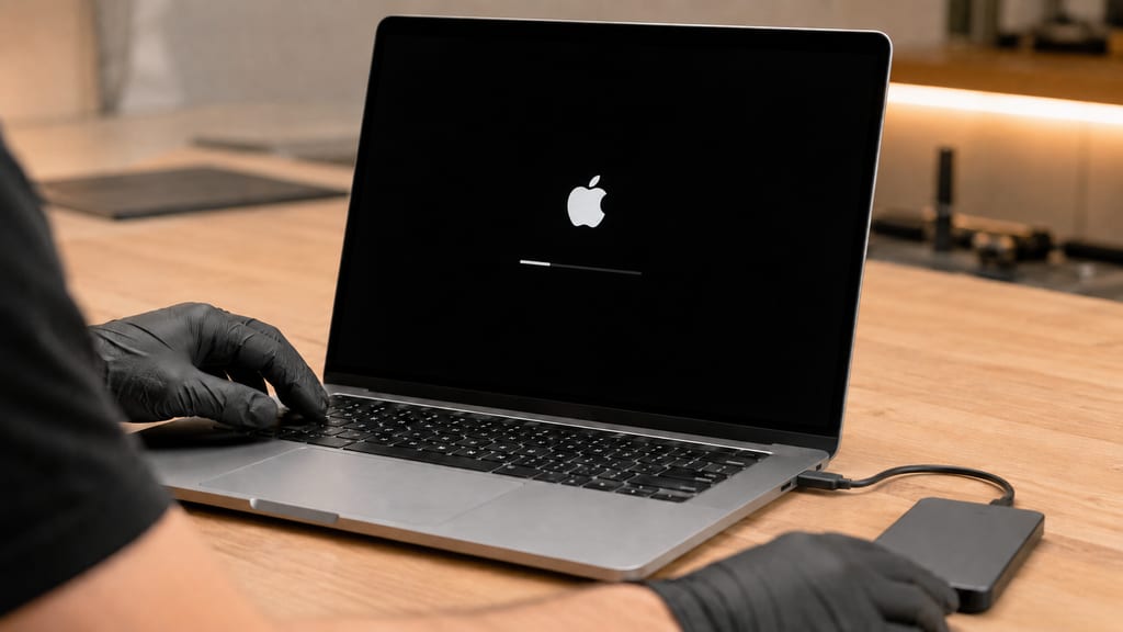 A MacBook being assessed for data recovery on a technician's bench at eRepair Chicago in Wicker Park