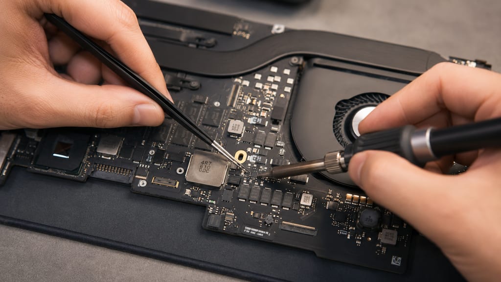 Close-up of a MacBook logic board on a repair technician's bench at eRepair Chicago in Wicker Park