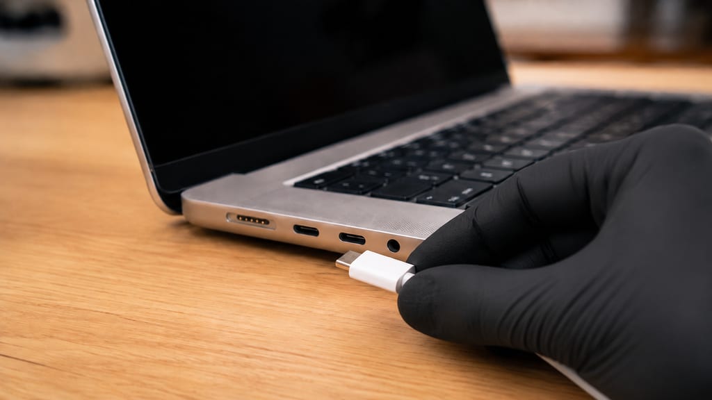 Technician at eRepair in Wicker Park testing a MacBook charging port and board on the bench
